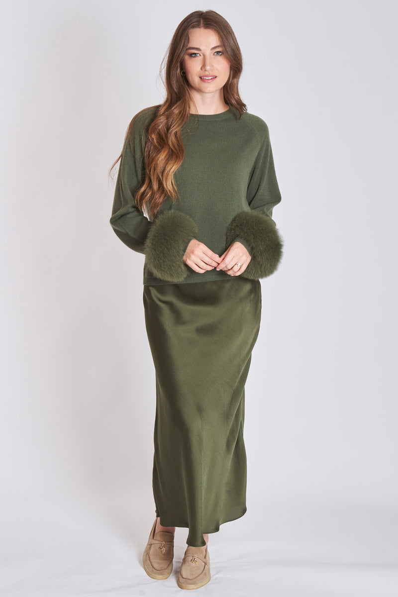 THIN CASHMERE WITH FOX CUFFS-AVOCADO