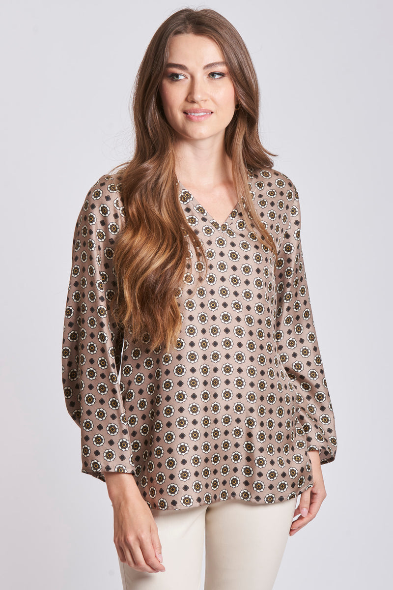 V NECK TOP IN SILK - TAUPE