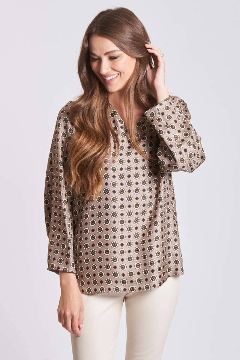 V NECK TOP IN SILK - TAUPE