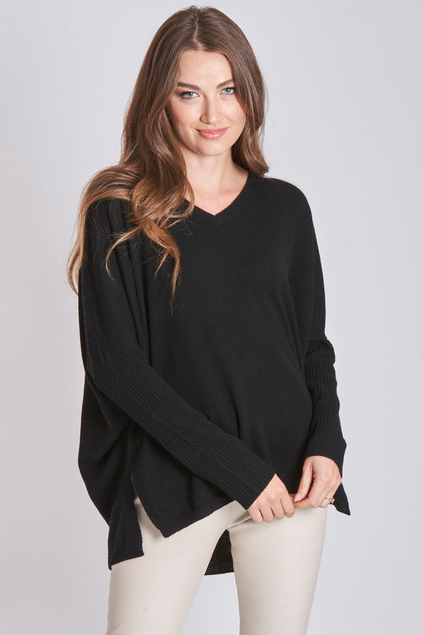 V NECK PONCHO - BLACK