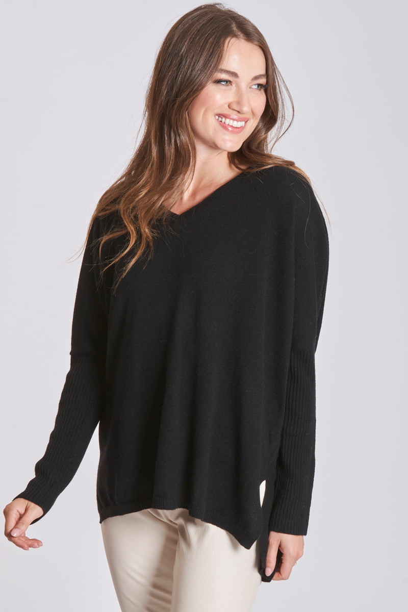 V NECK PONCHO - BLACK