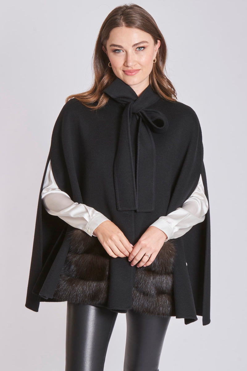 CAPE WITH SABLE PACKETS-BLACK