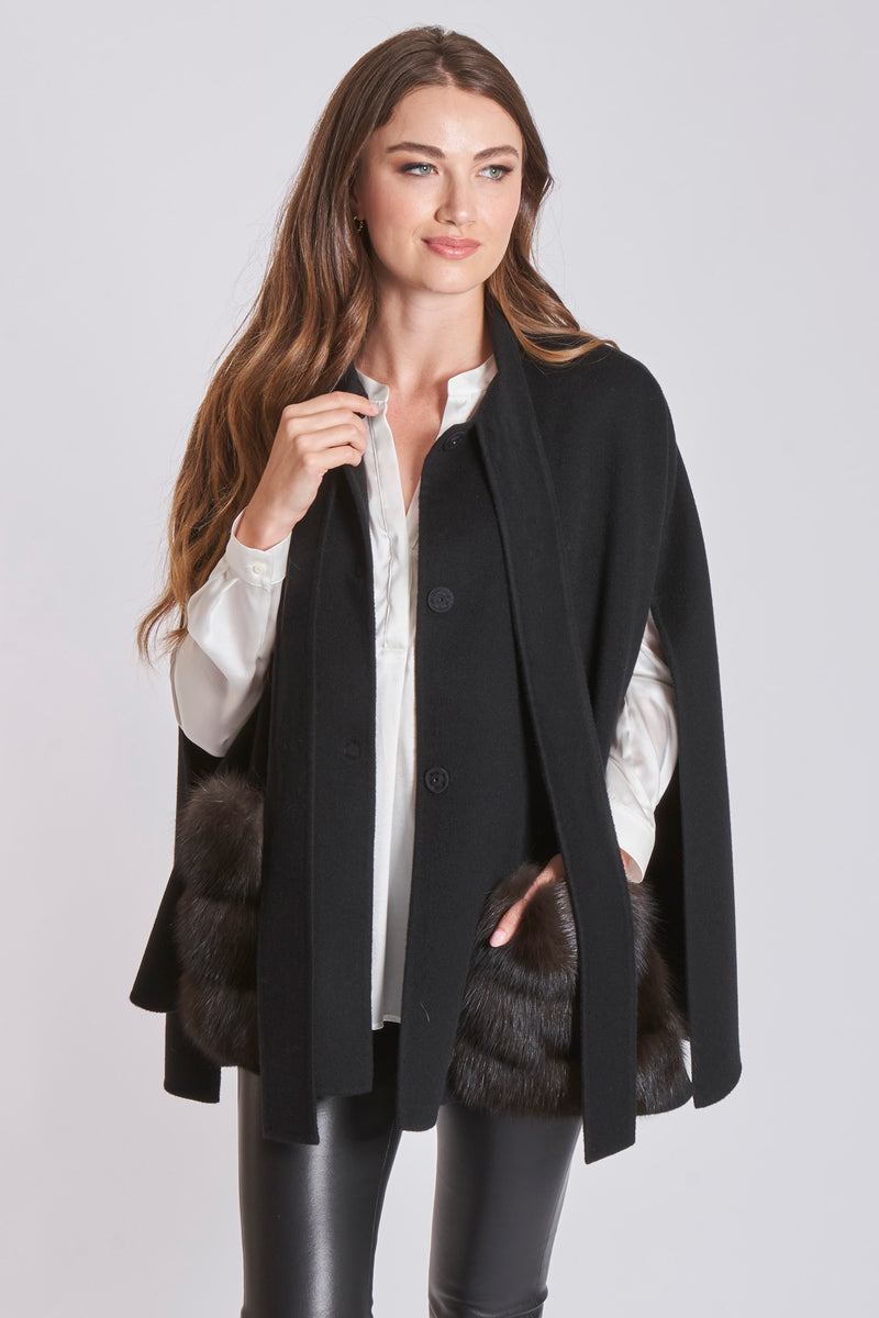 CAPE WITH SABLE PACKETS-BLACK