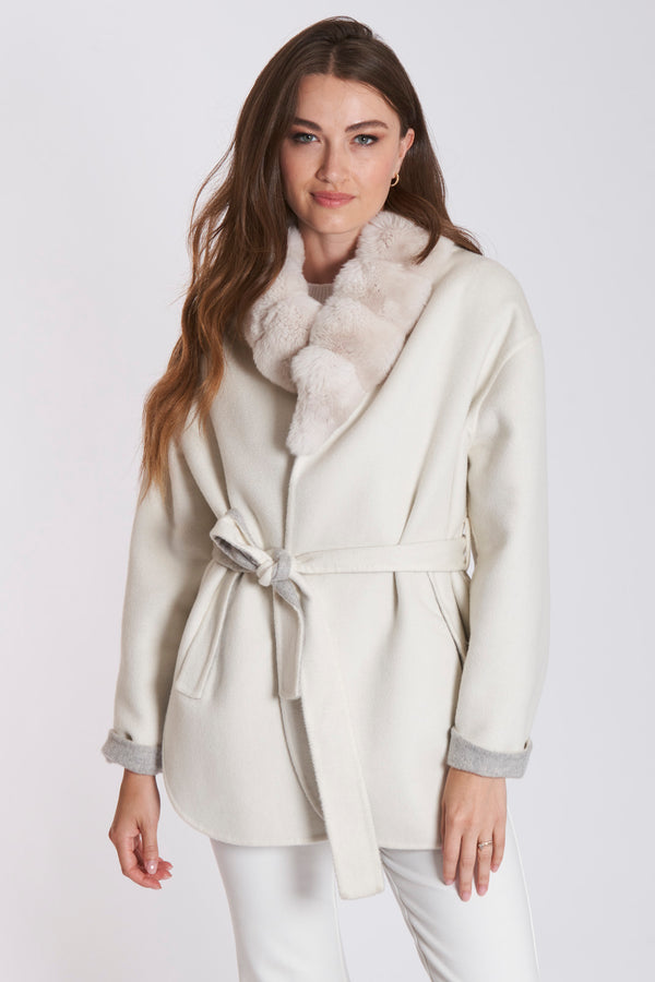 REVERSIBLE  BELTED CASHMERE  COAT WITH CHINCHILLA-CREA/ICE GREY