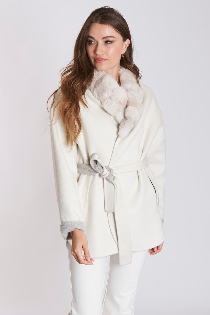 REVERSIBLE  BELTED CASHMERE  COAT WITH CHINCHILLA-CREA/ICE GREY