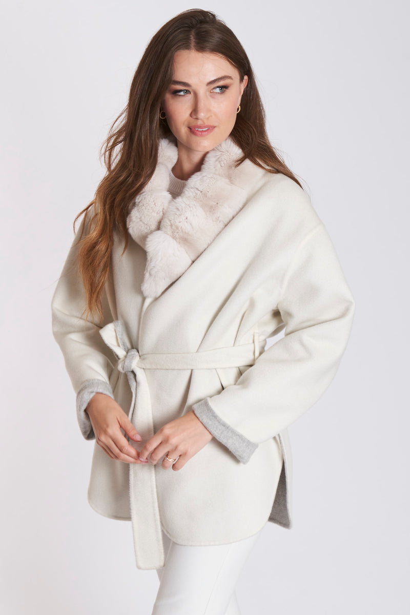 REVERSIBLE  BELTED CASHMERE  COAT WITH CHINCHILLA-CREA/ICE GREY