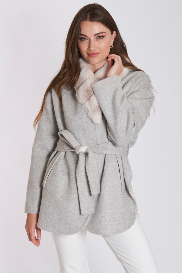 REVERSIBLE  BELTED CASHMERE  COAT WITH CHINCHILLA-CREA/ICE GREY