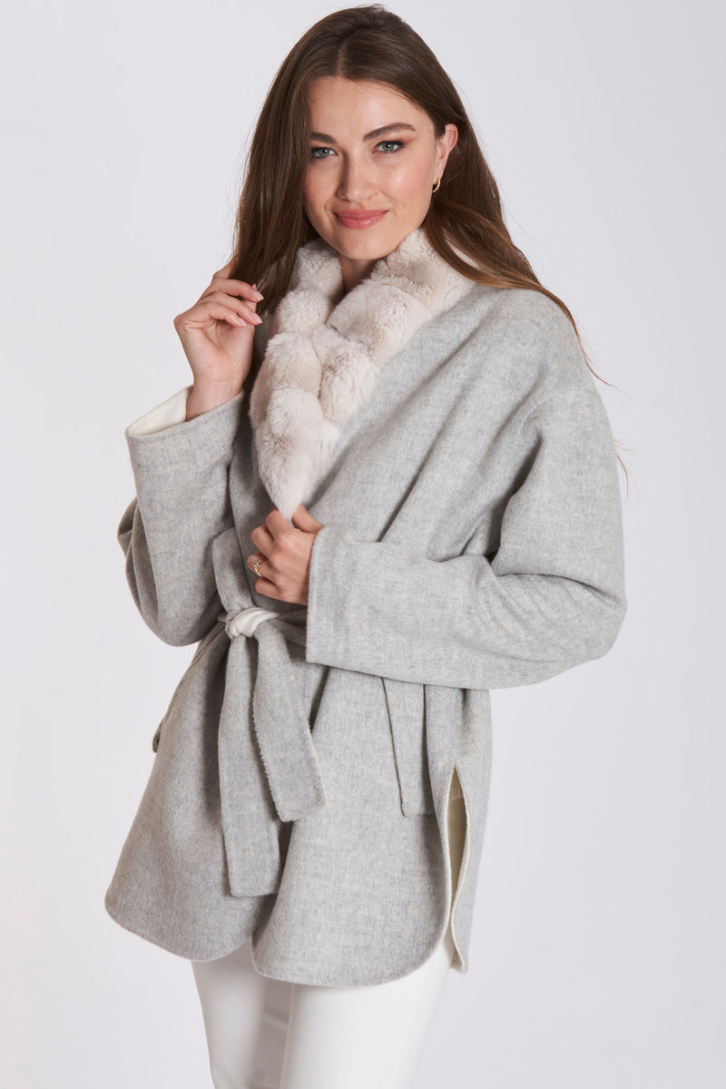 REVERSIBLE  BELTED CASHMERE  COAT WITH CHINCHILLA-CREA/ICE GREY