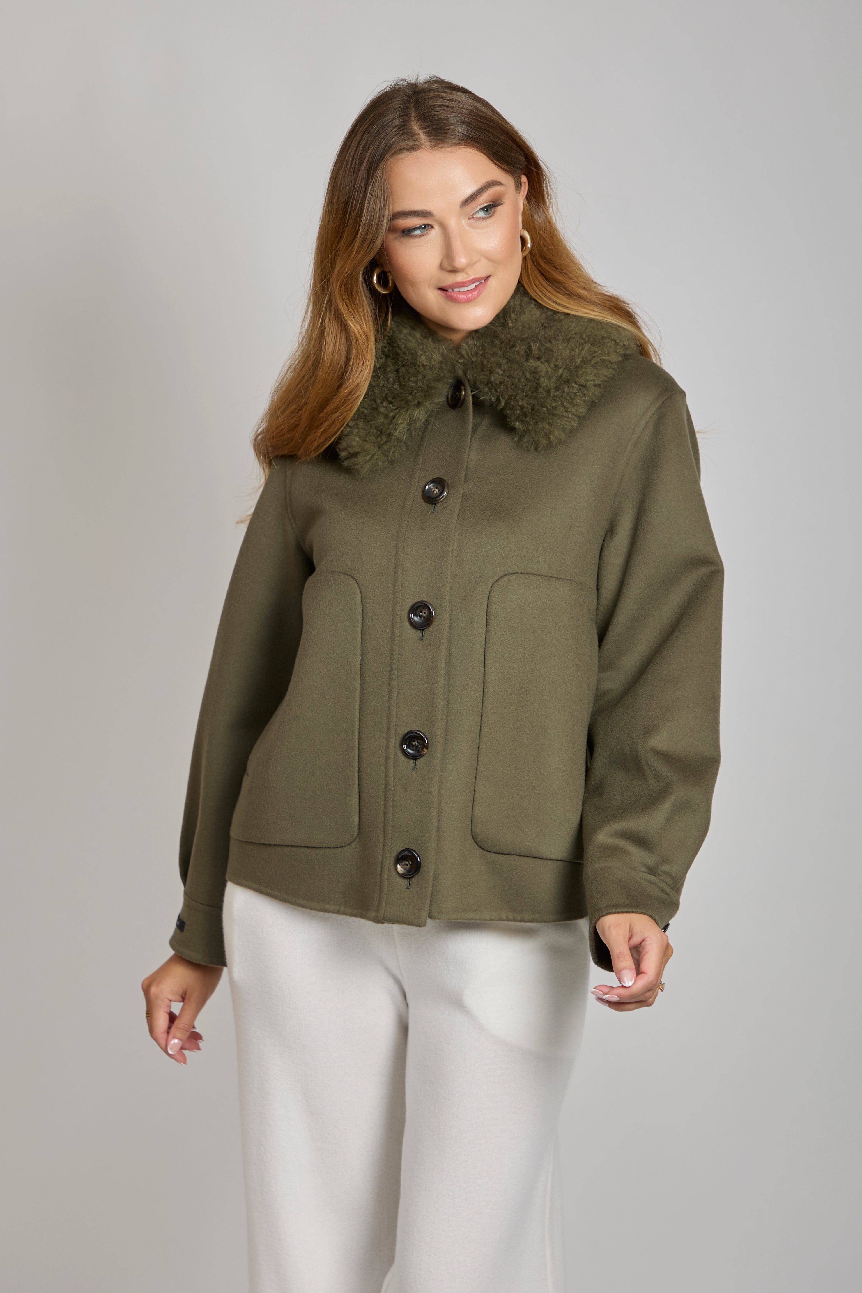 Veste courte en cachemire à col amovible - Kaki