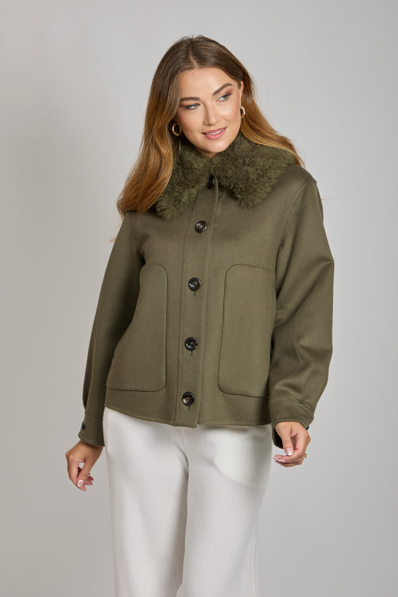 SHORT JACKET WITH DETACHABLE COLLAR-KAKI