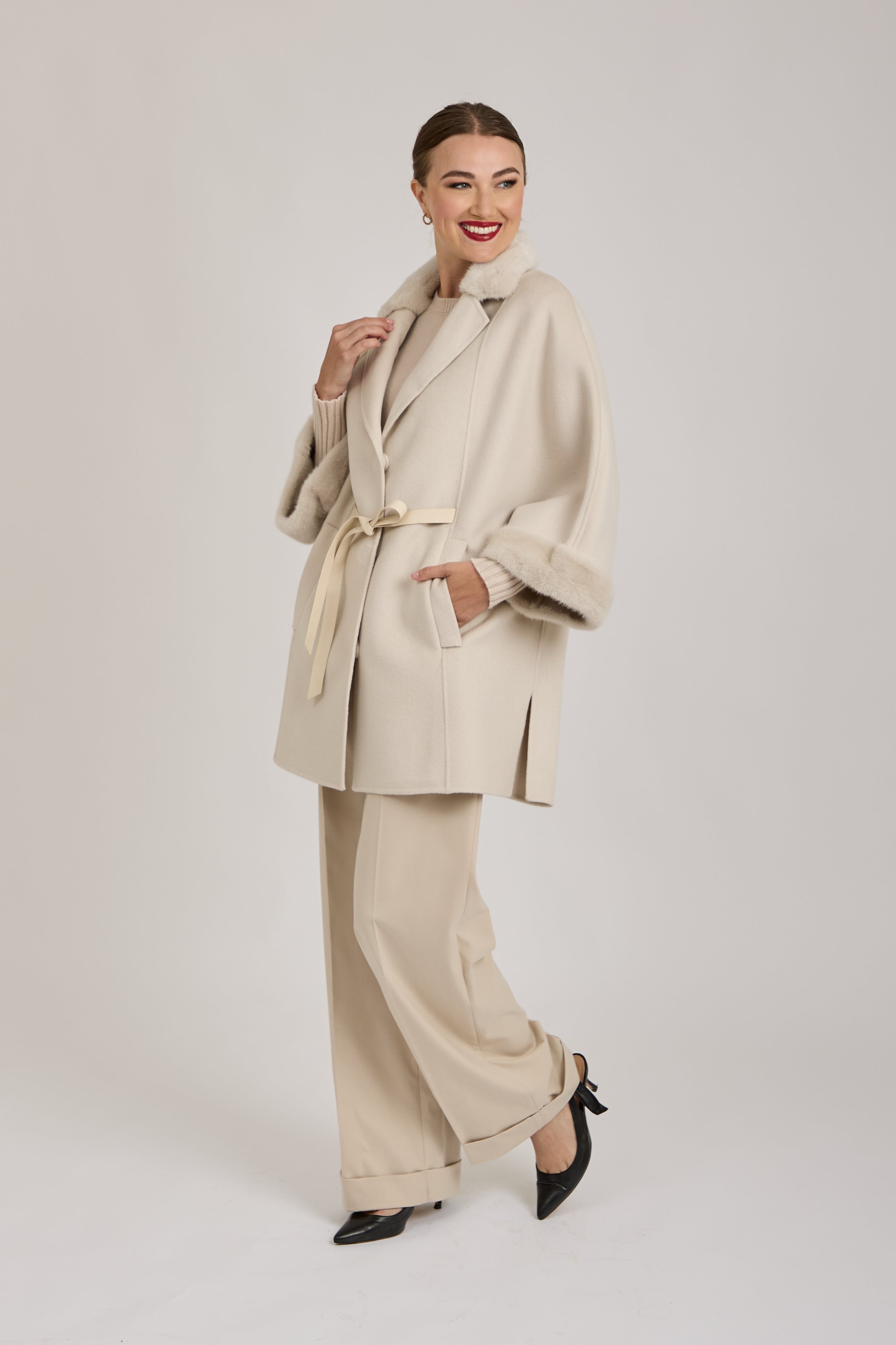 CAPE WITH MINK DETAILS-MILK