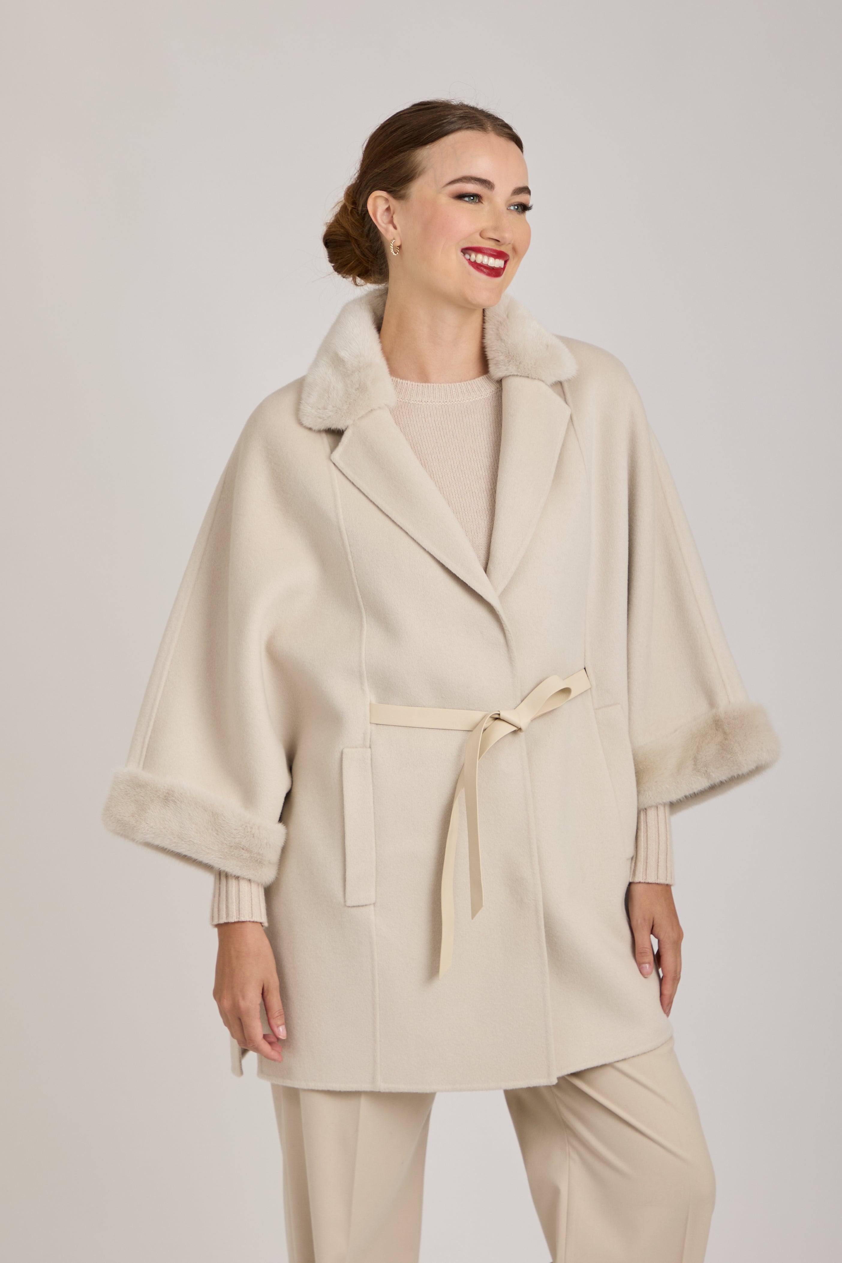 CAPE WITH MINK DETAILS-MILK