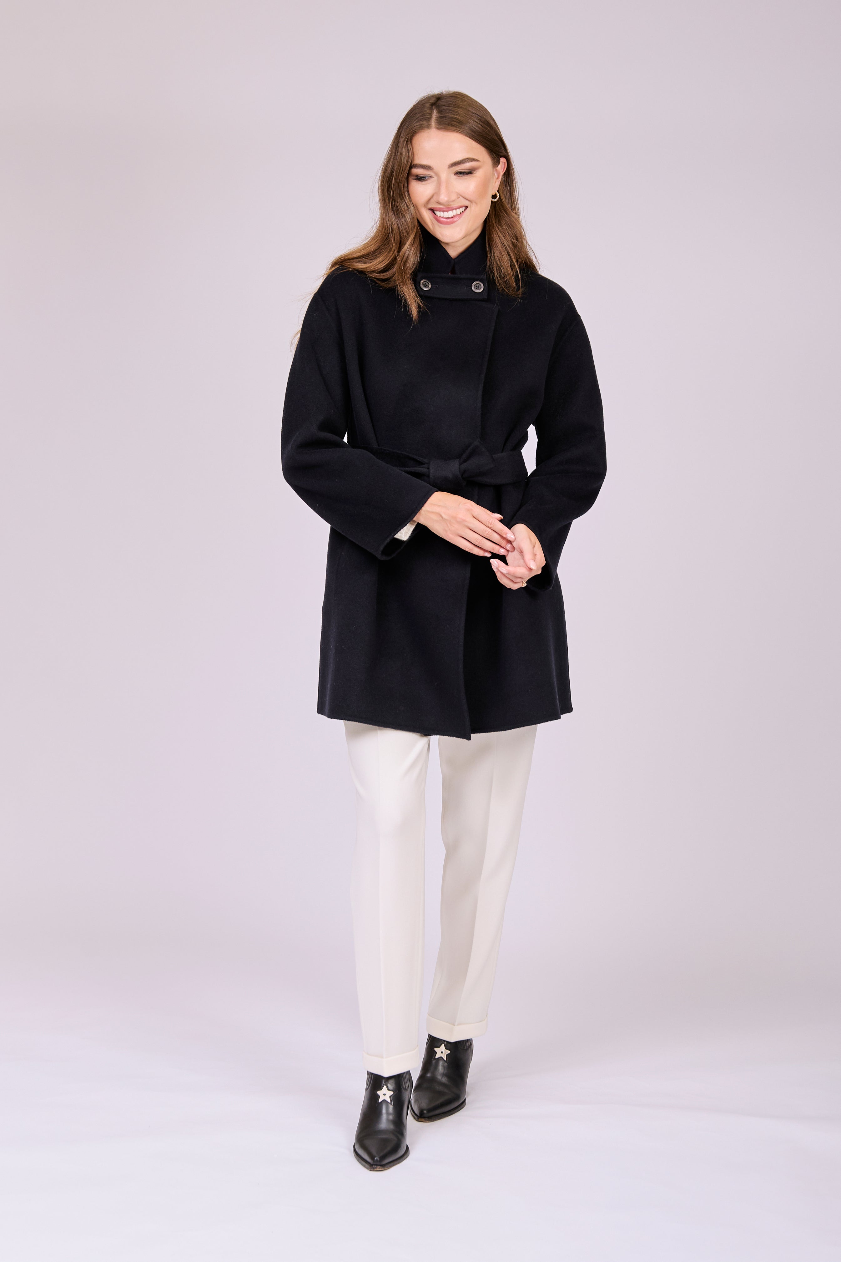 Manteau ceinturé en cachemire, bleu marine