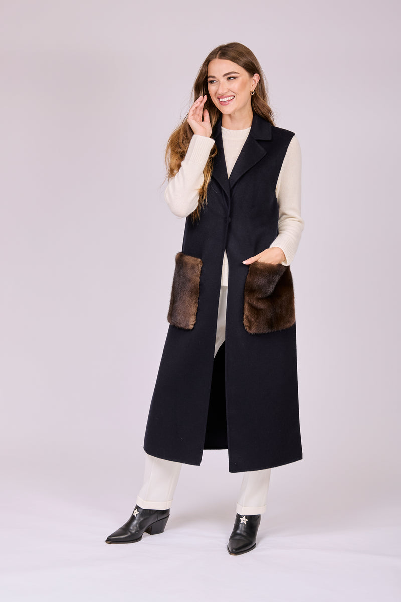 LONG VEST WITH MINK POCKETS-BLU/DEMI BUFF