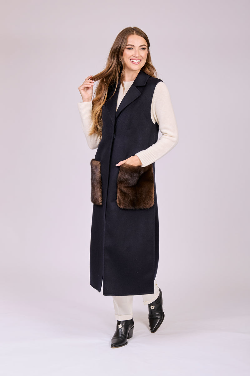 LONG VEST WITH MINK POCKETS-BLU/DEMI BUFF