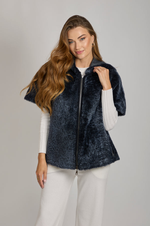 HOODED SHEARLING CAPE-BLUE