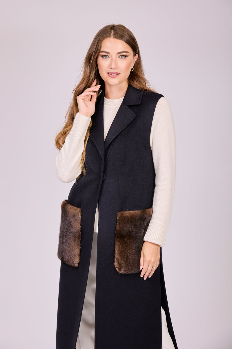 LONG VEST WITH MINK POCKETS-BLU/DEMI BUFF