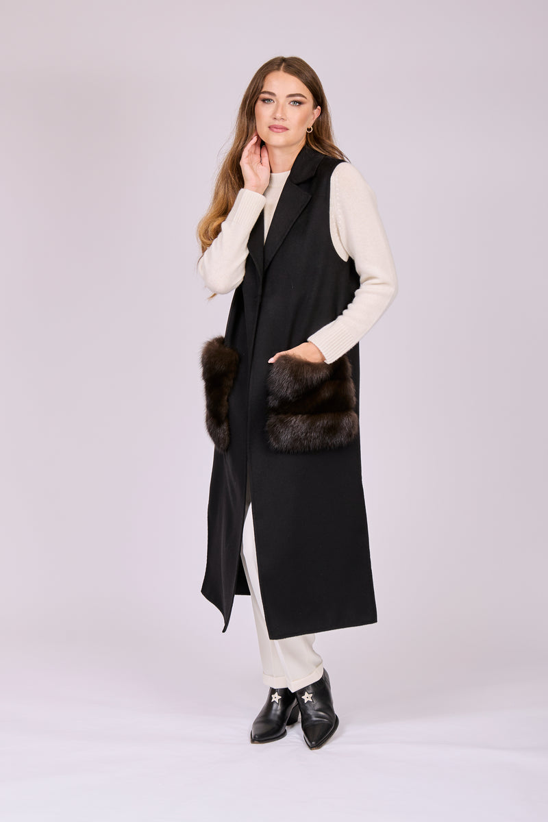 LONG VEST WITH MINK POCKETS-BLU/DEMI BUFF