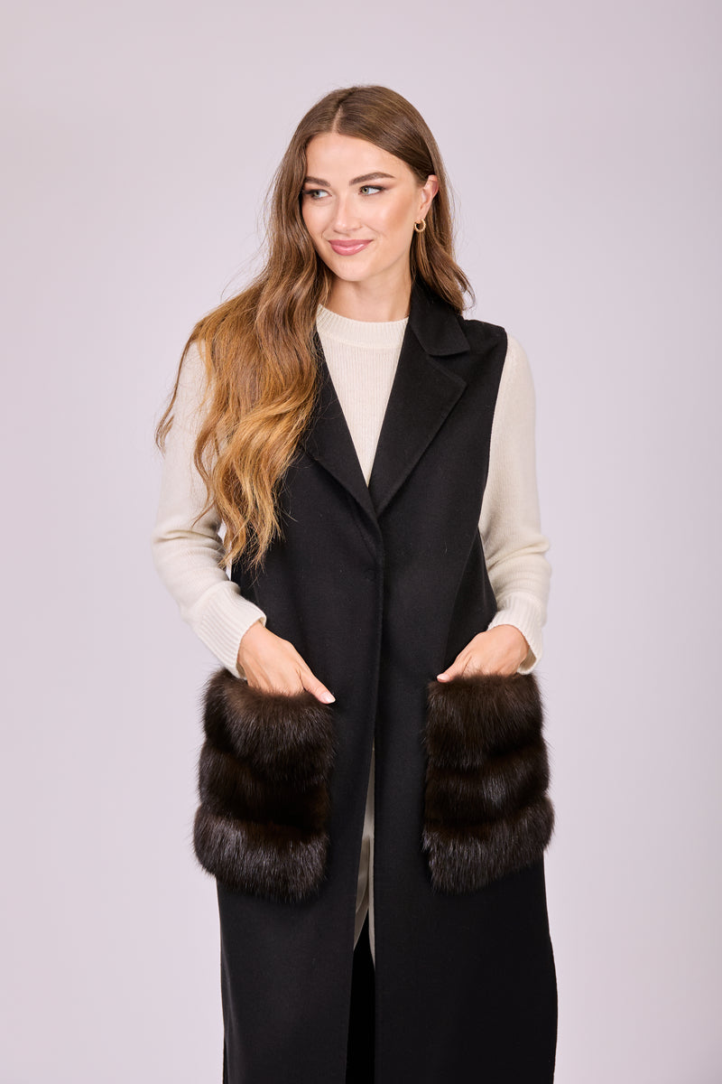 LONG VEST WITH MINK POCKETS-BLU/DEMI BUFF