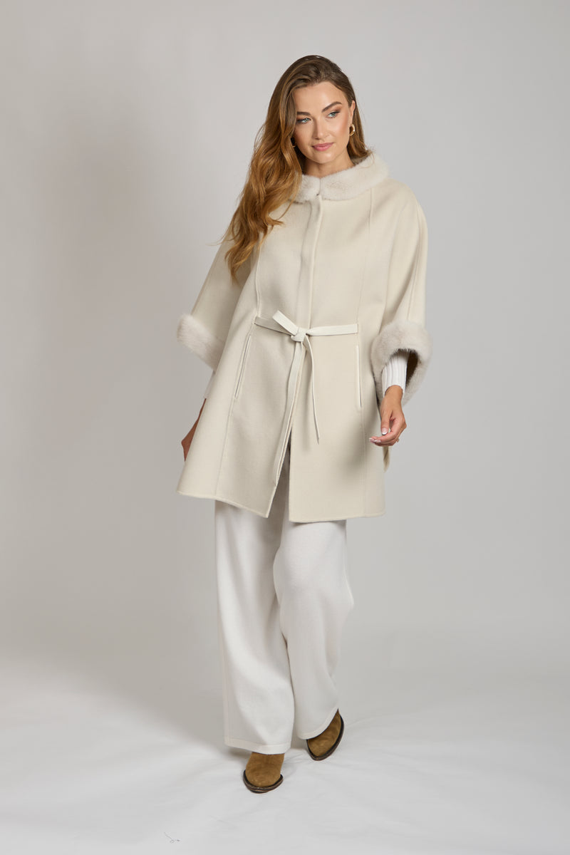 CAPE WITH MINK DETAILS-MILK
