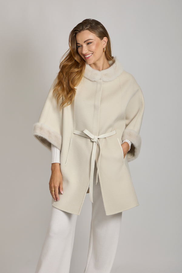 CAPE WITH MINK DETAILS-MILK