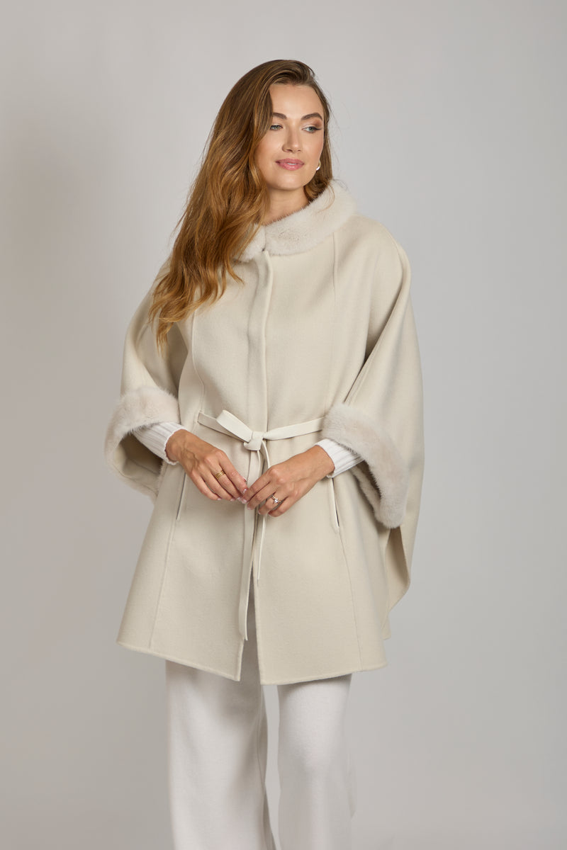 CAPE WITH MINK DETAILS-MILK