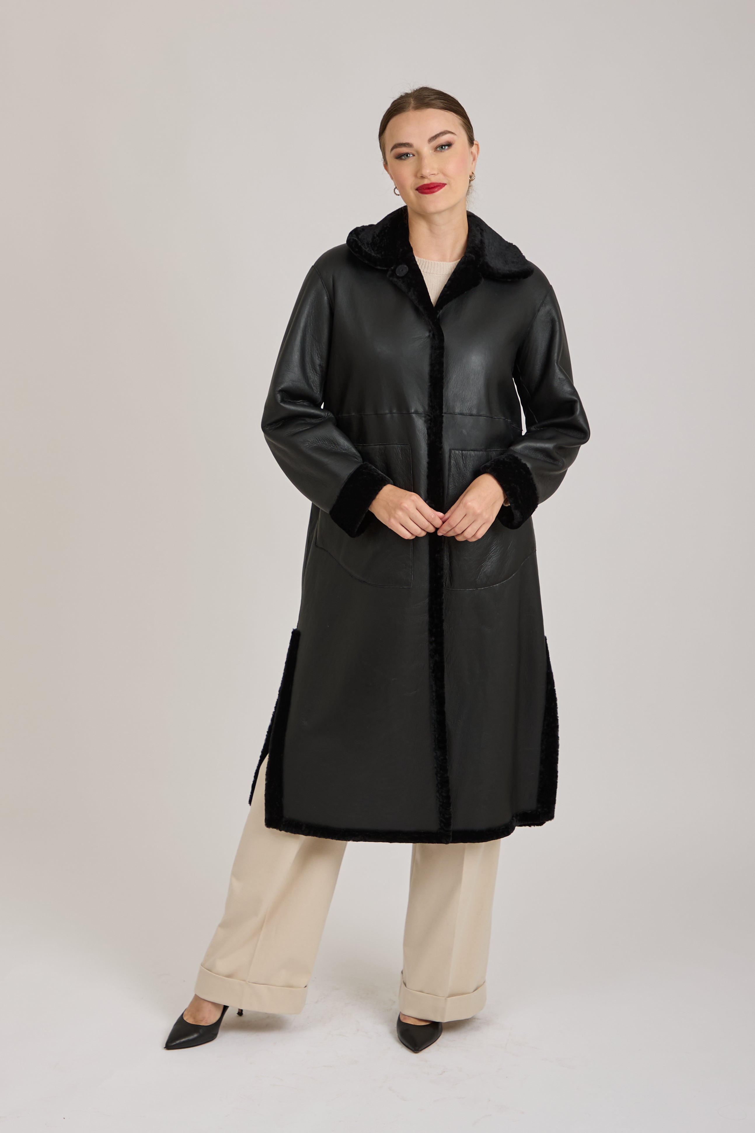 REVERSIBLE LONG SHEARLING COAT-BLACK