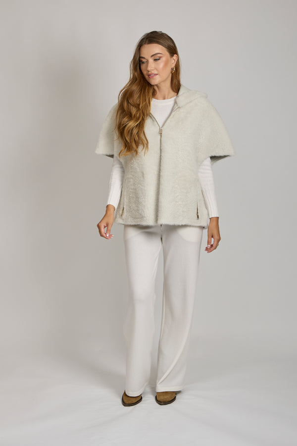 HOODED SHEARLING CAPE-MILK