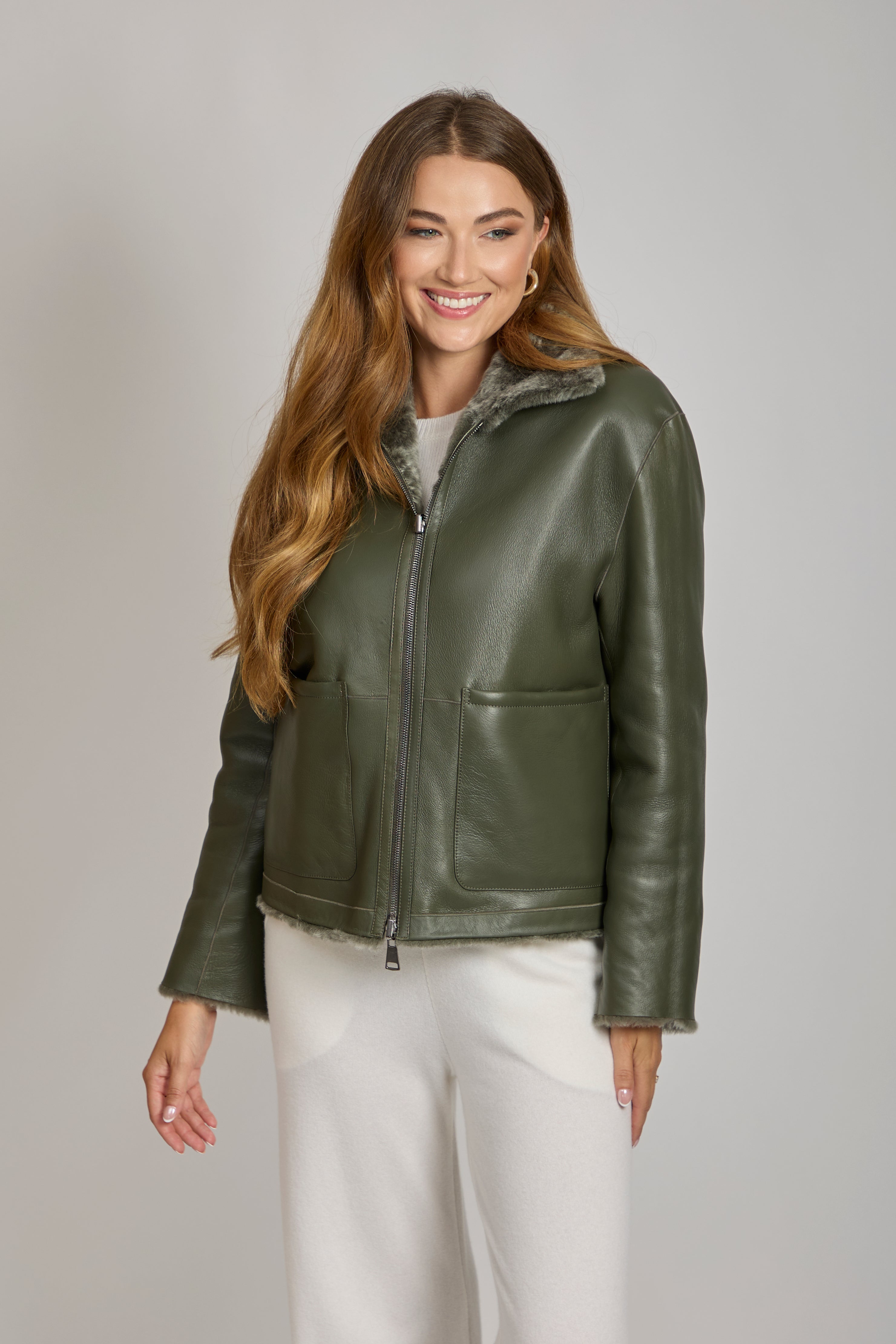 REVERSIBLE SHEARLING COAT-OLIVE
