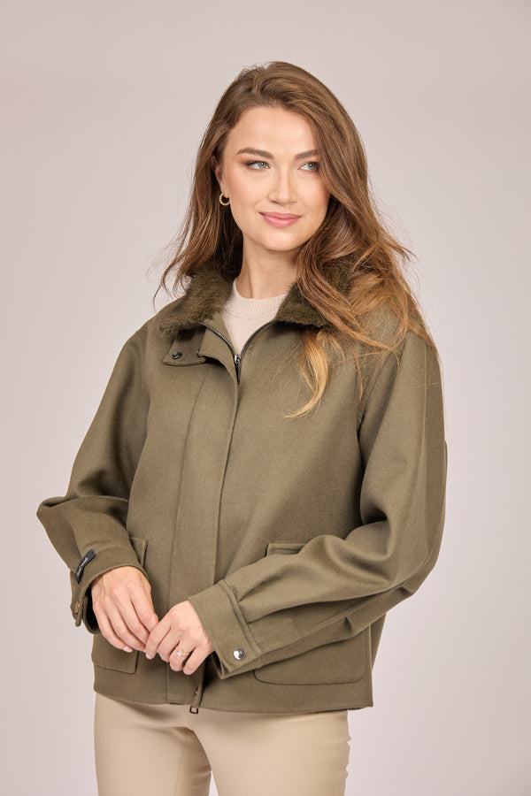 CASHMERE COAT WITH MINK COLLAR-DARK OLIVE