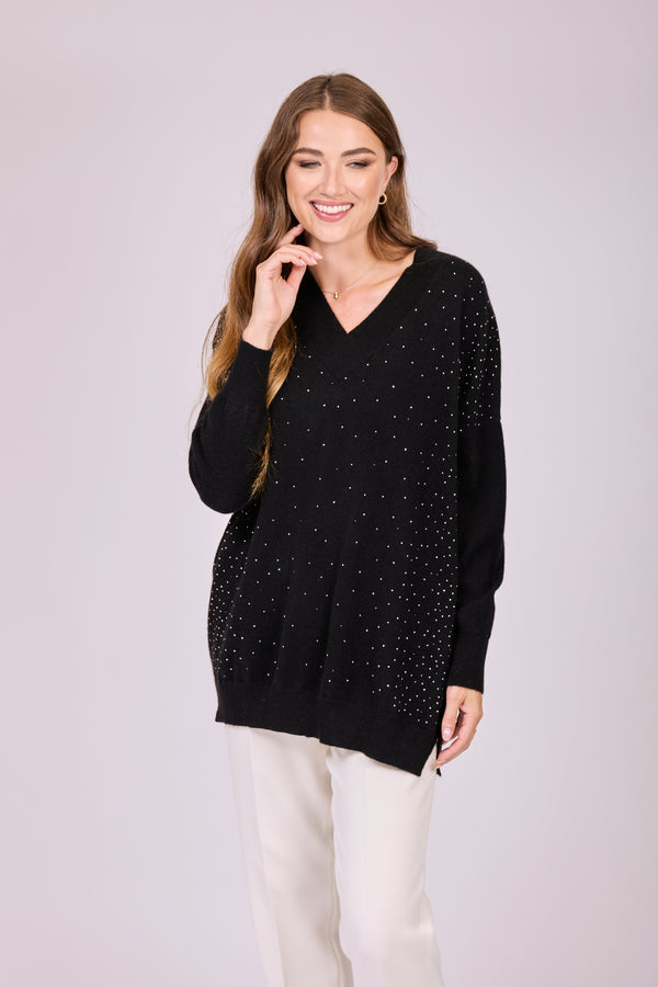 V NECK TUNIC WITH STRASS - BLACK