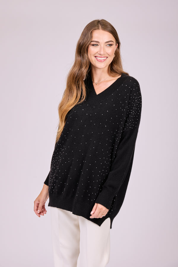 V NECK TUNIC WITH STRASS - BLACK