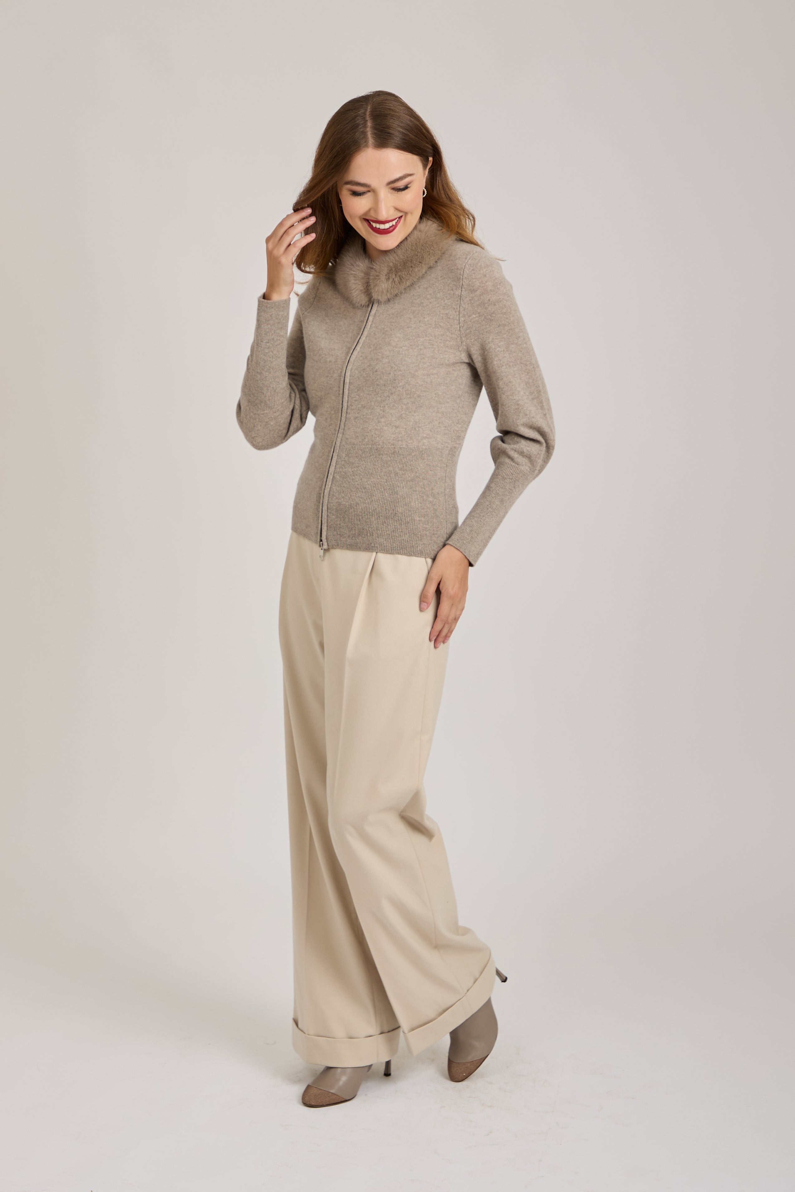 CASHMERE CARDIGAN WITH MINK COLLAR-TAUPE