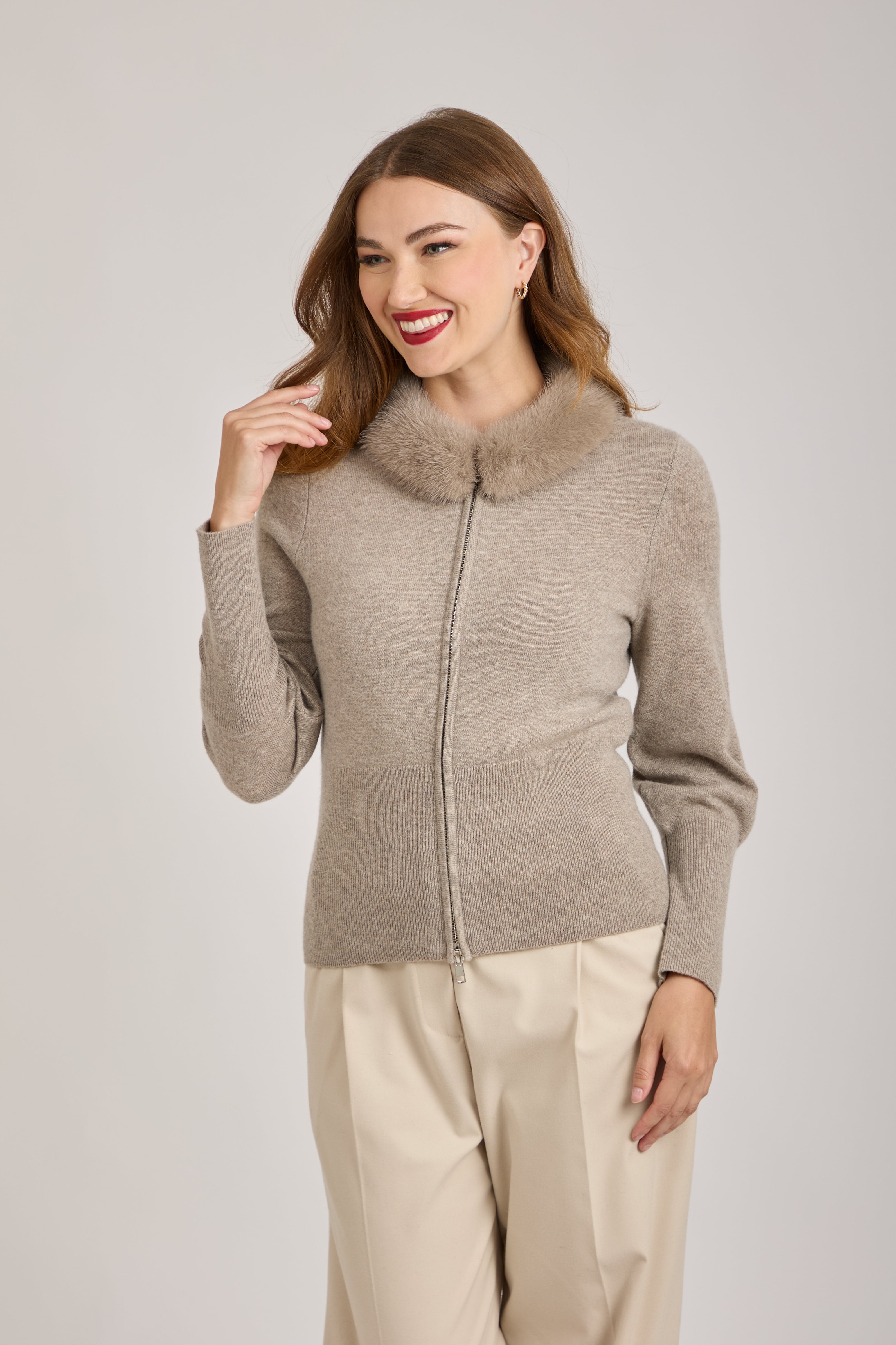 CASHMERE CARDIGAN WITH MINK COLLAR-TAUPE