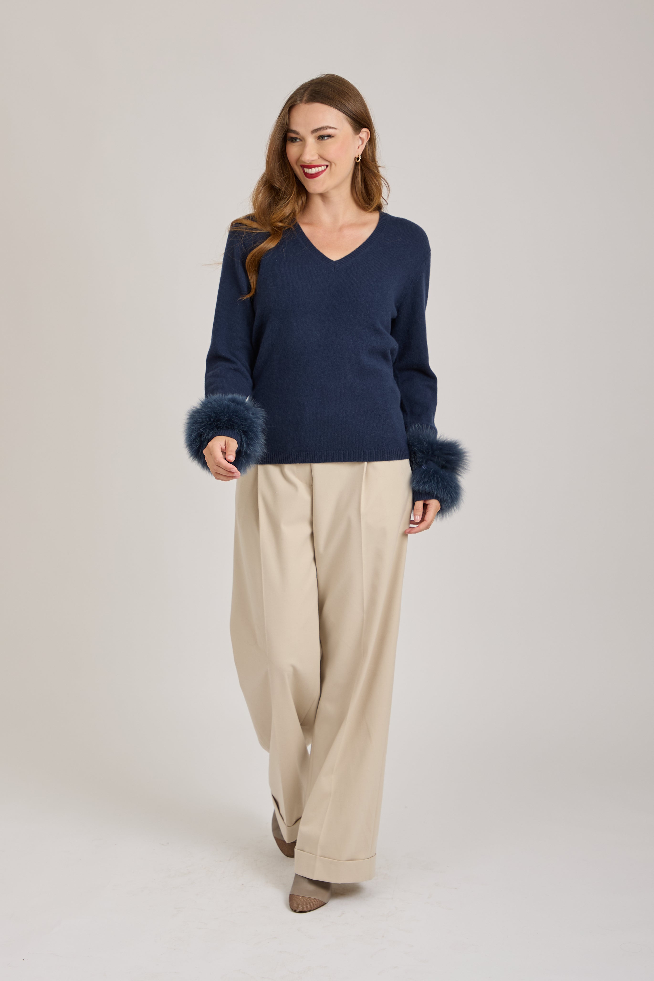CASHMERE JUMPER WITH FUR DETAILS- NAVY