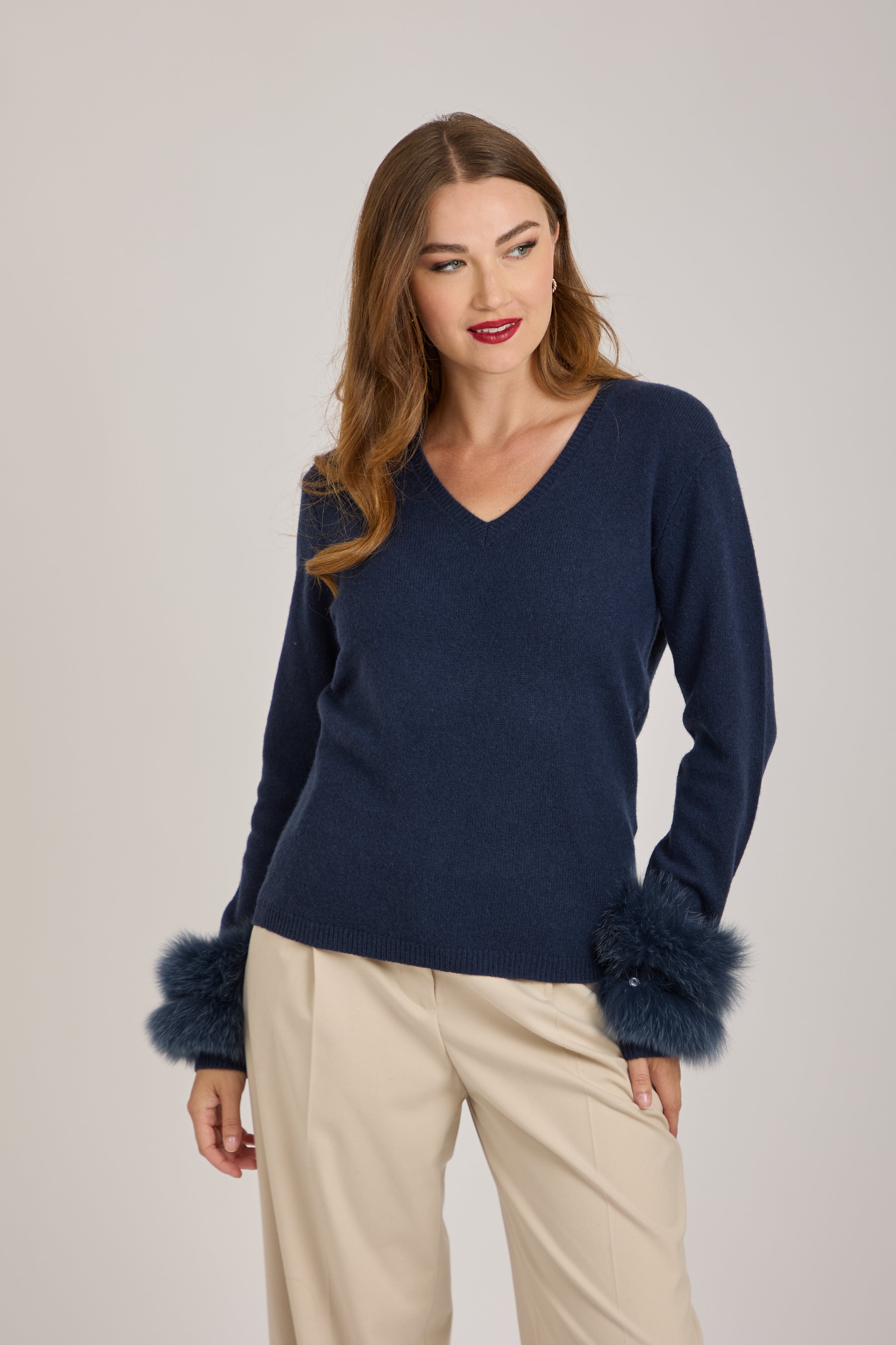 CASHMERE JUMPER WITH FUR DETAILS- NAVY