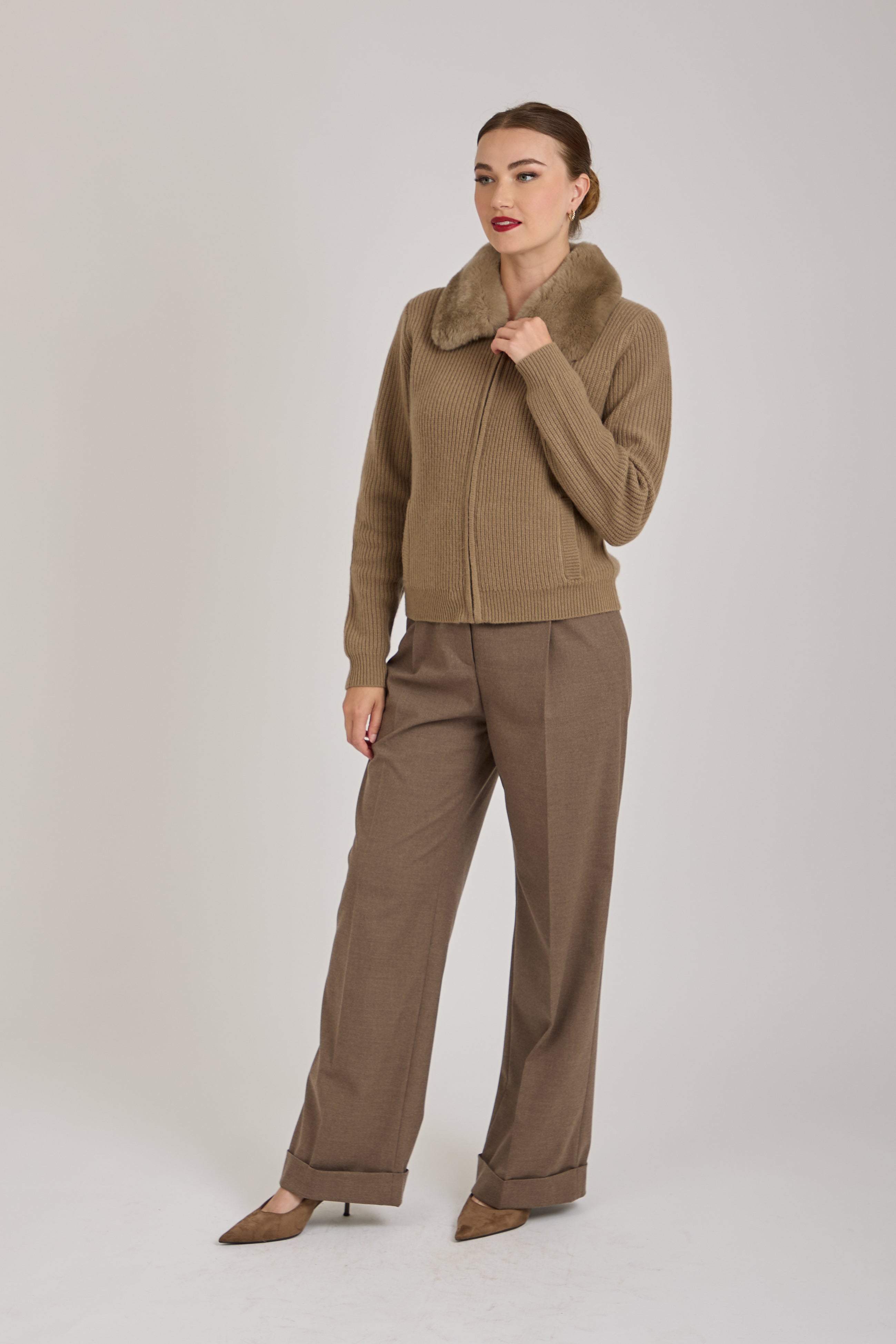 CASHMERE CARDIGAN WITH REX COLLAR-BRUN