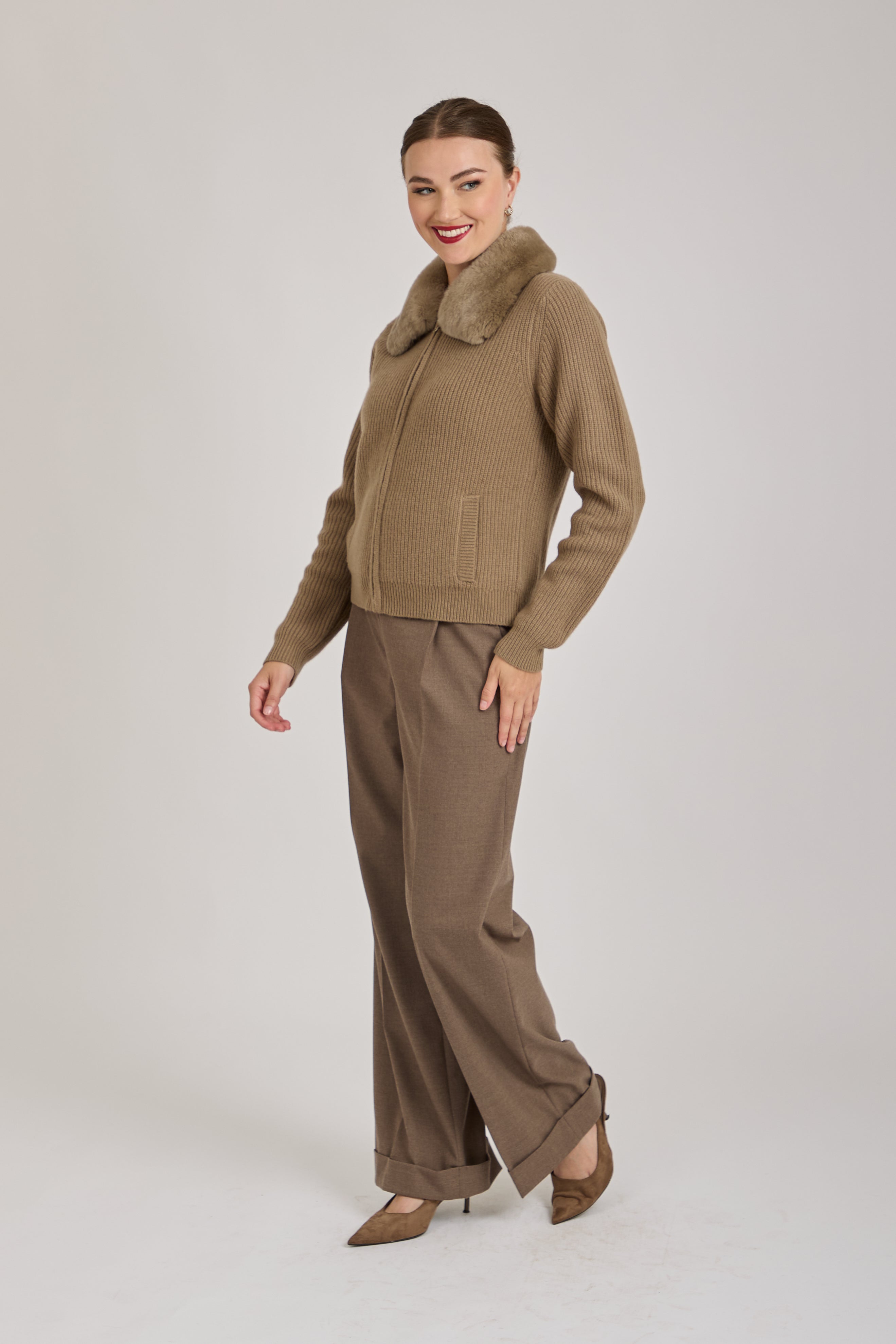 CASHMERE CARDIGAN WITH REX COLLAR-BRUN