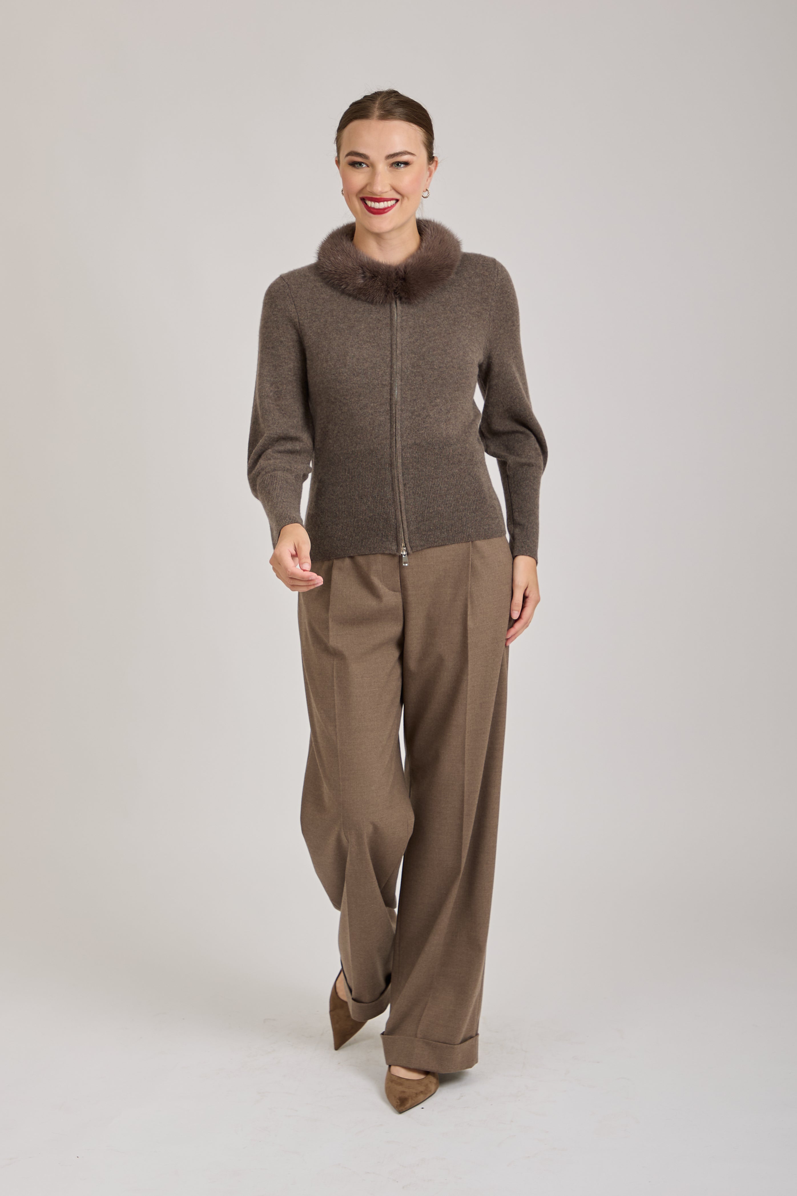 CASHMERE CARDIGAN WITH MINK COLLAR-BROWN