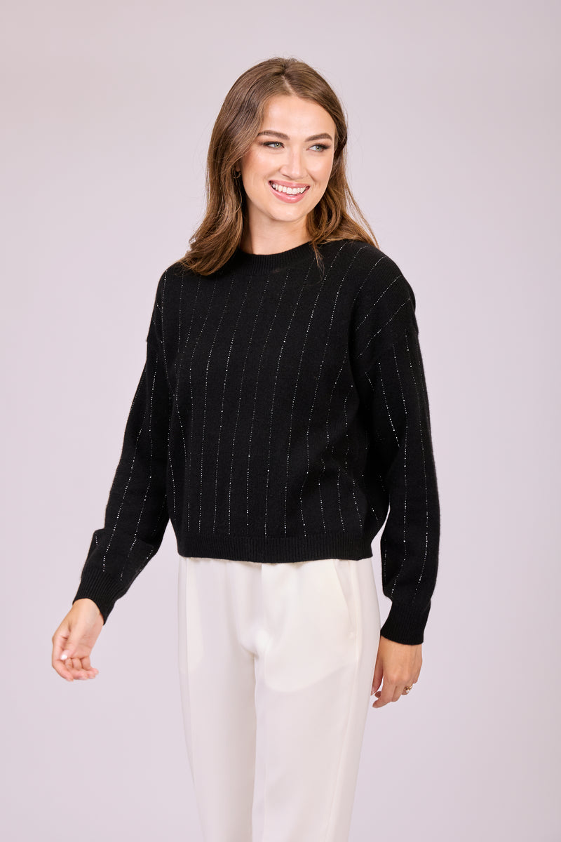 CREW NECK JUMPER WITH STRASS - BLACK