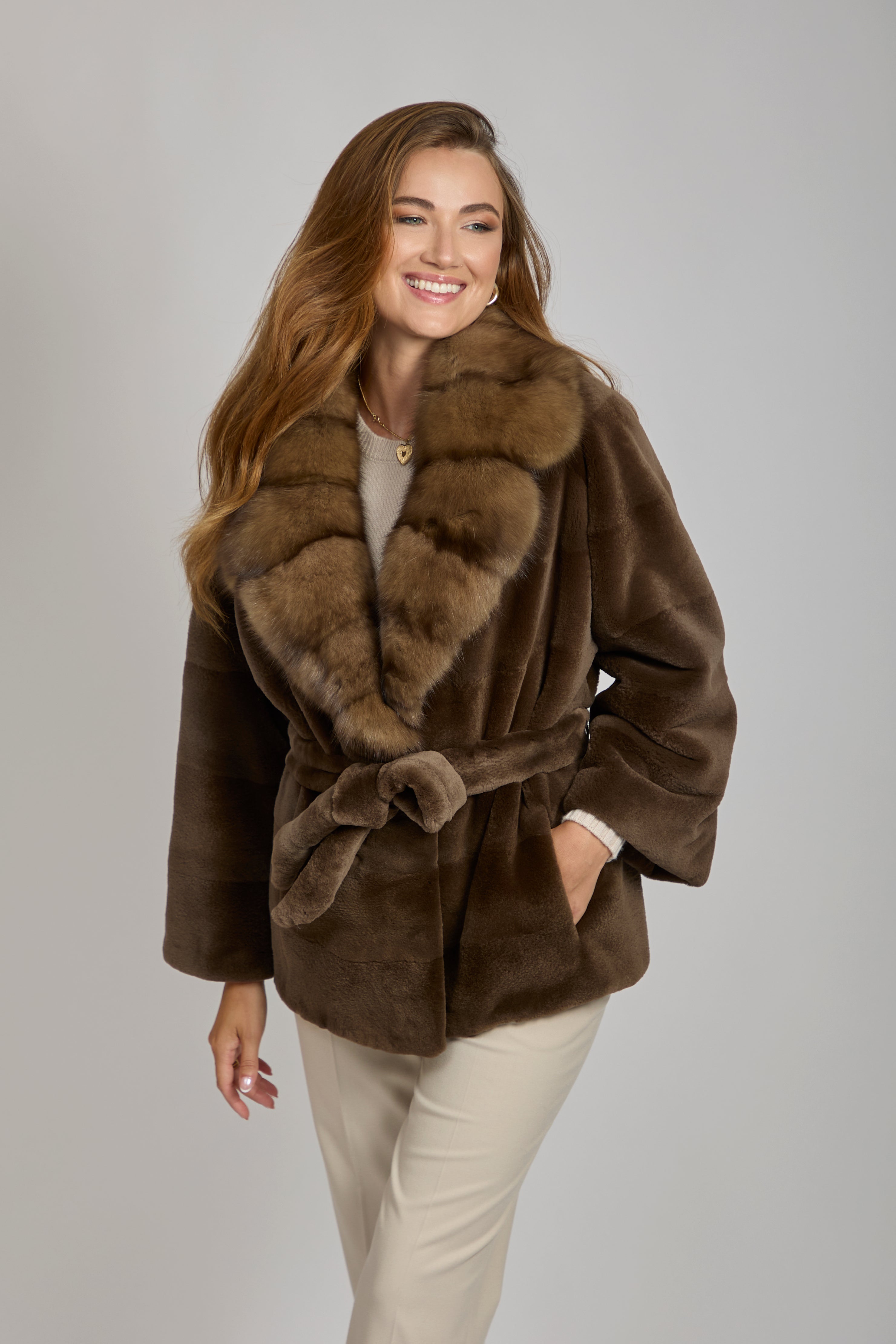 SHEARED MINK JACKET  WITH SABLE COLLAR- KASTANIEN