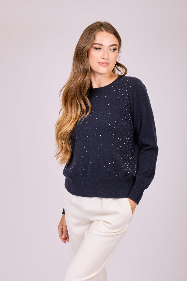 JUMPER CREW NECK WITH STRASS - NAVY