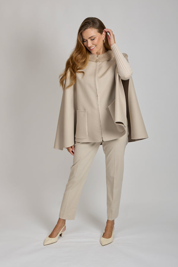 CASHMERE CAPE WITH MINK COLLAR-BEIGE