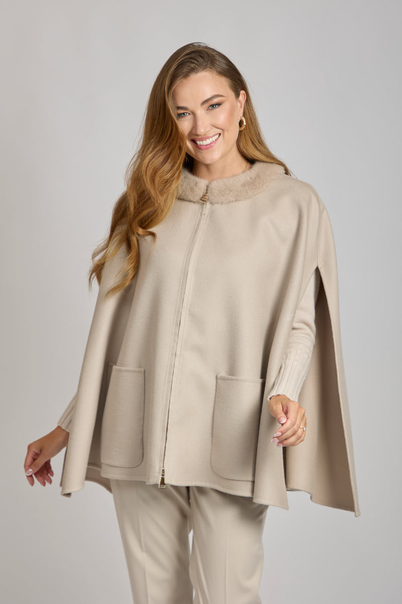 CASHMERE CAPE WITH MINK COLLAR-BEIGE