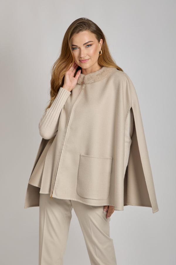 CASHMERE CAPE WITH MINK COLLAR-BEIGE