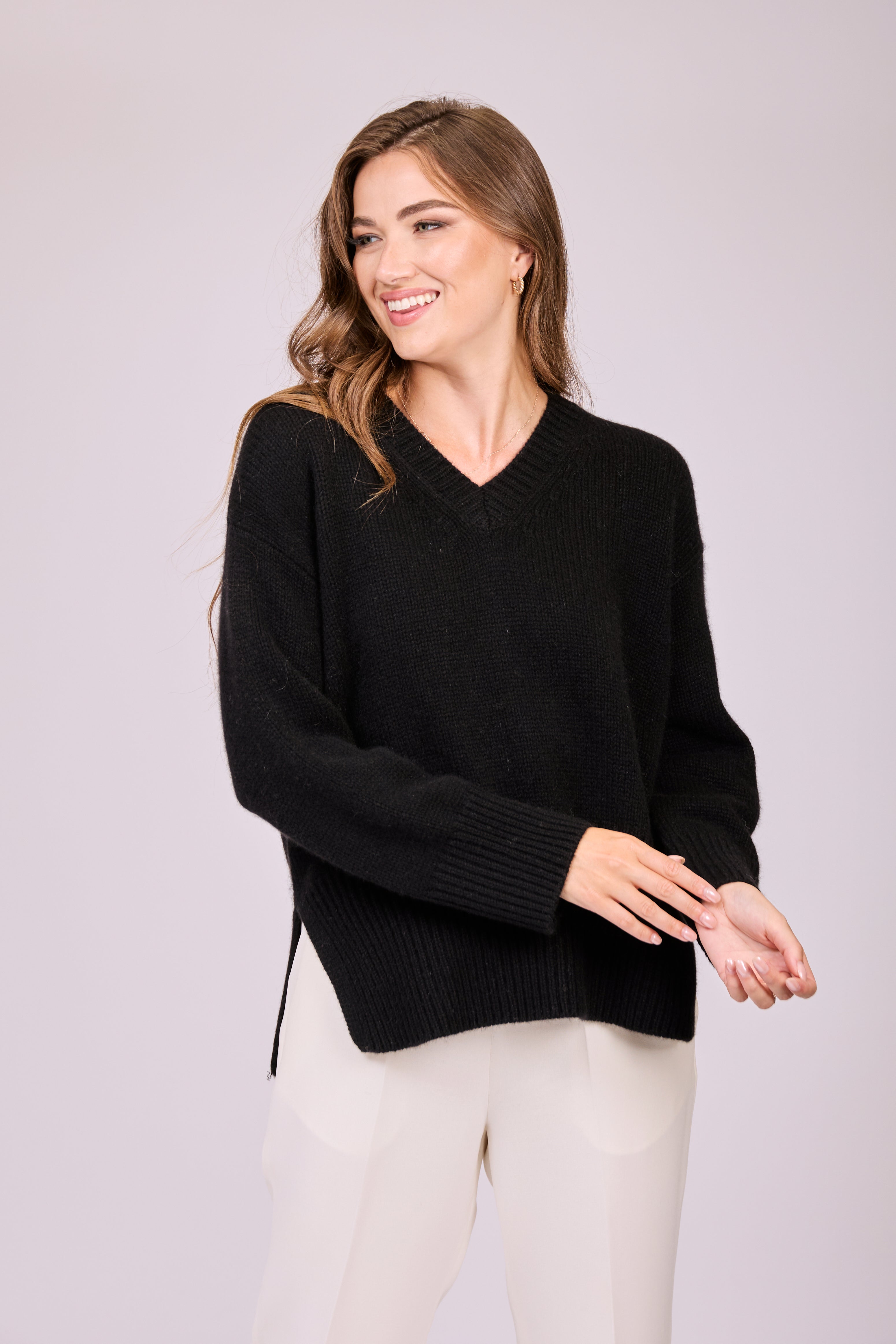 Pull épais en cachemire à col en V - Noir