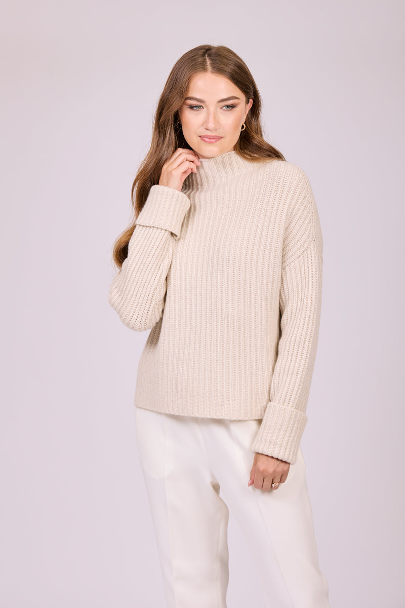 RIBBED HIGH NECK CASHMERE JUMPER-LIGHT BEIGE