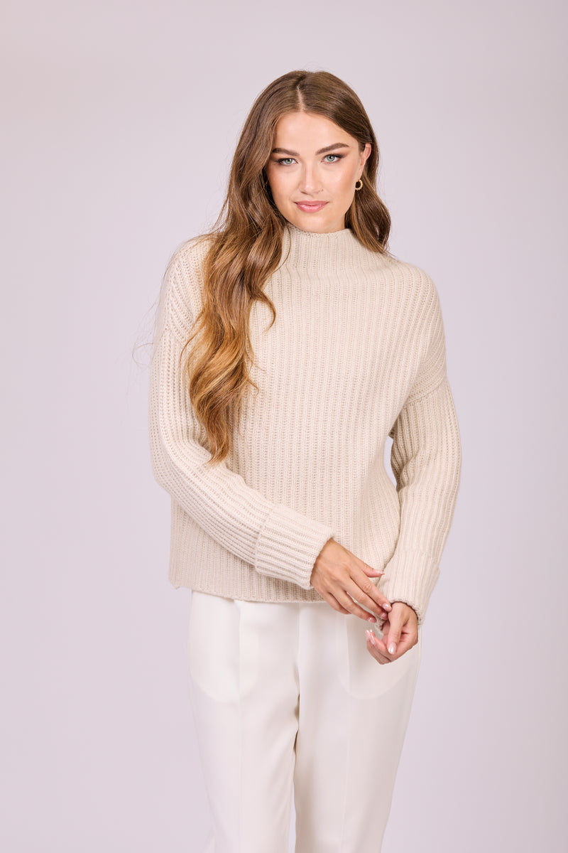 RIBBED HIGH NECK CASHMERE JUMPER-LIGHT BEIGE