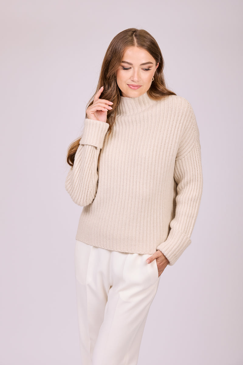 RIBBED HIGH NECK CASHMERE JUMPER-LIGHT BEIGE