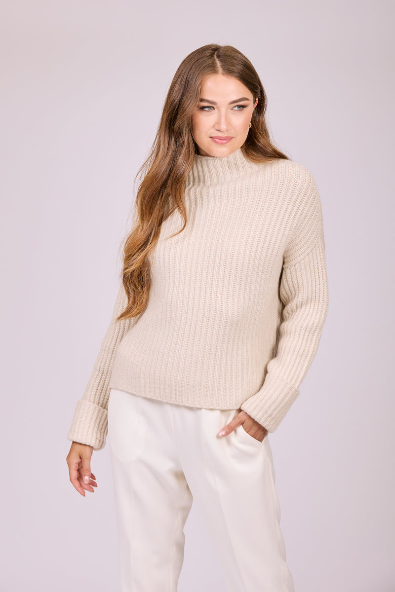 RIBBED HIGH NECK CASHMERE JUMPER-LIGHT BEIGE